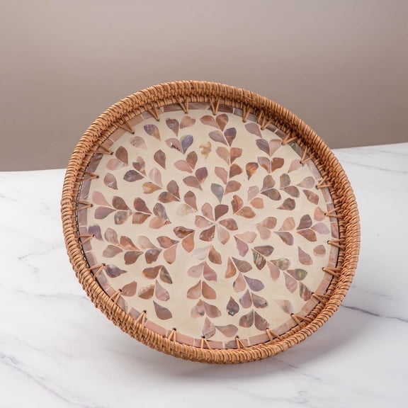 Laquedecraft 11.8' Wicker Round Rattan Mother of Pearl Serving Basket Tray for Décor Coffee Table ,Outdoor, Home, Kitchen Display (Leaf)