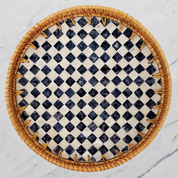 Laquedecraft 13.8" Caro Wicker Round Rattan Mother of Pearl Serving Basket Tray for Décor Coffee Table | Large Boho Circle Woven Decorative Trays for Outdoor, Home, Kitchen Display (Caro, 13.8 inch)