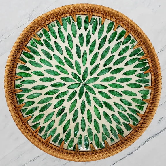 Laquedecraft 13.8" Green Leaf Wicker Round Rattan Mother of Pearl Serving Basket Tray for Décor Coffee Table | Large Boho Circle Woven Decorative Trays for Outdoor, Home, Kitchen Display (13.8 inch)