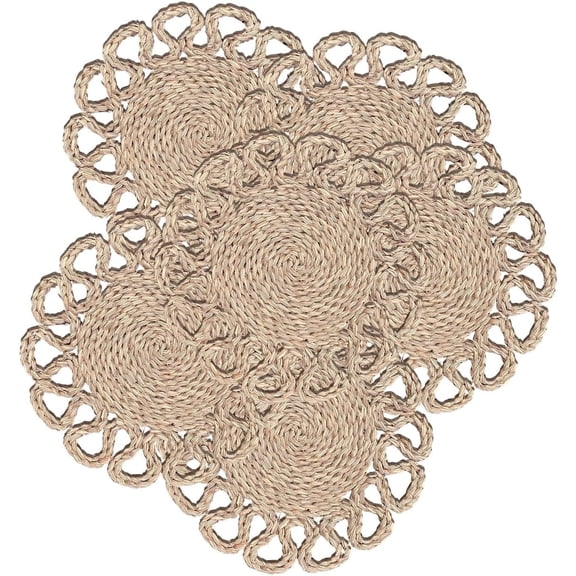 Laquedecraft 13.8" Set of 6 Round Seagrass Placemats Farmhouse Spring Wicker Rattan Plate Chargers for Christmas, Dining, Party, Events