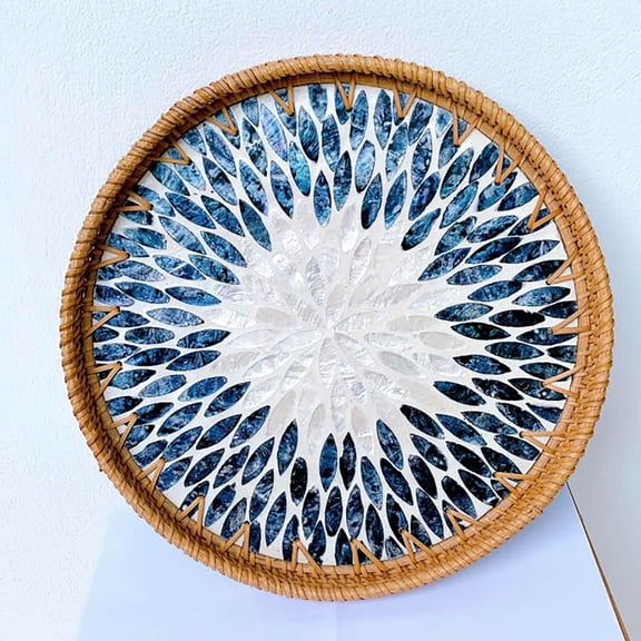 Laquedecraft 13.8' Wicker Round Rattan Mother of Pearl Serving Basket Tray for Décor Coffee Table, Large Boho Circle Woven Decorative Trays for Outdoor, Home, Kitchen Display (Black 13.8 inch)