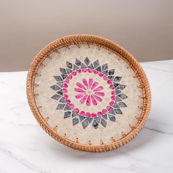 Laquedecraft 13.8' Wicker Round Rattan Mother of Pearl Serving Basket Tray for Décor Coffee Table | Large Boho Circle Woven Decorative Trays for Outdoor, Home, Kitchen Display (Pink)