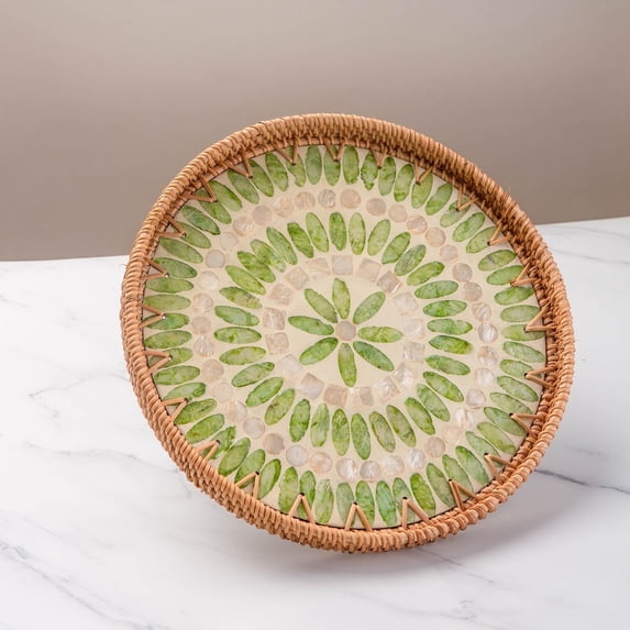Laquedecraft 13.8' Wicker Round Rattan Mother of Pearl Serving Basket Tray for Décor Coffee Table | Large Boho Circle Woven Decorative Trays for Outdoor, Home, Kitchen Display (Green)