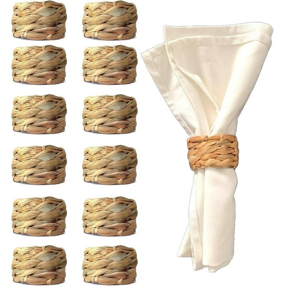 Laquedecraft Set 12 Woven Water Hyacinth Napkin Rings | Rustic Boho Wicker Napkin Holders | Natural Farmhouse Rattan Napkin Ring For Christmas, Thanksgiving Dining Table, Wedding Party
