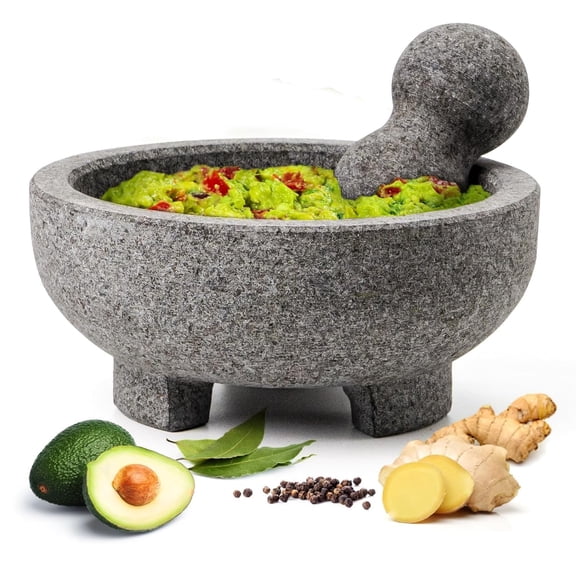 Lar Mortar and Pestle Set,4 Cups Unpolished Granite Natural Stone Grinder Bowl for Molcajete Guacamole Crushing/Mexicano Guacamole,Spices Grinder,Herb Crusher,Salsa Pesto-8IN/Gray