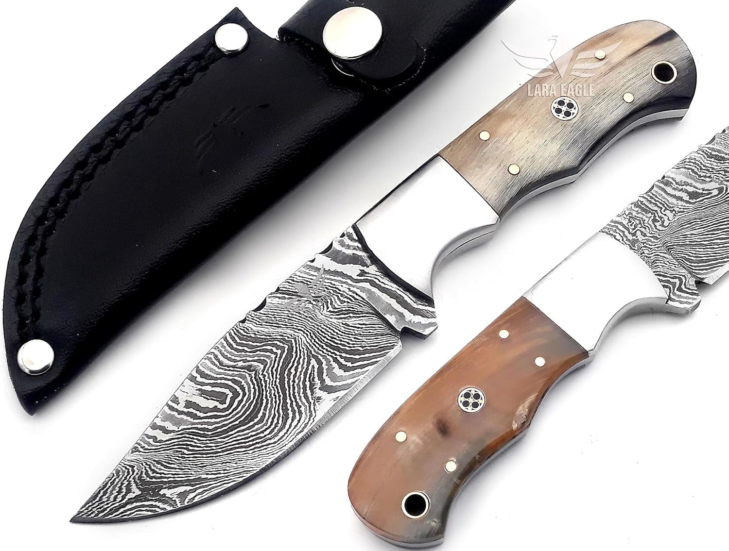 Lara Eagle Damascus Hunting Knife - Fixed Blade Handmade Skinner with Sheath - 7.5 inch Survival Knife Great for Camping - Camel bone Handle with mosaic pin