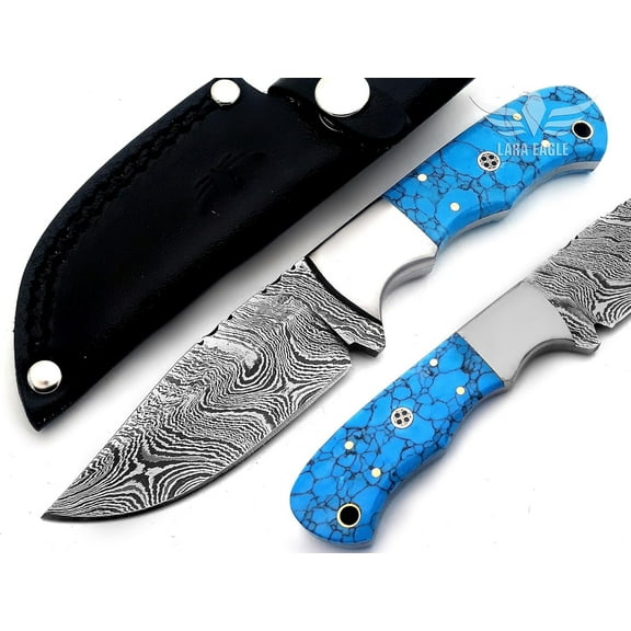 Lara Eagle Damascus Hunting Knife - Fixed Blade Handmade Skinner with Sheath - 7.5 inch Survival Knife Great for Camping - Camel bone Handle with mosaic pin