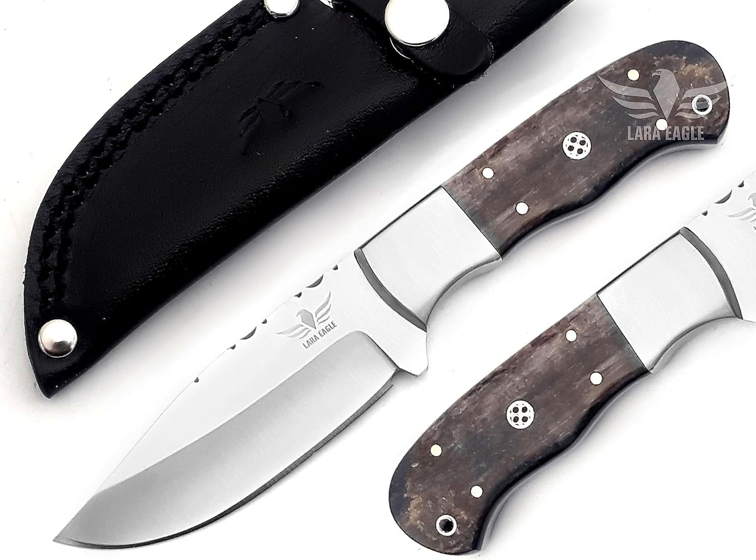 Lara Eagle Damascus Hunting Knife - Fixed Blade Handmade Skinner with Sheath - 7.5 inch Survival Knife Great for Camping - Camel bone Handle with mosaic pin