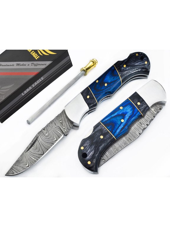 Damascus Pocket Knife Gray Wooden Handle Handmade Knives with Sharpener and Leather Pouch - 3 inch blade