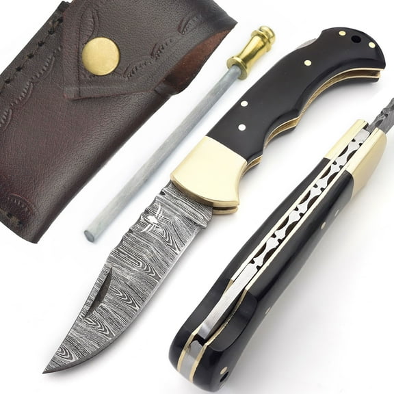 Lara Eagle Damascus Pocket Knife for Men - 3 inch Blade, 133 Layer Solid Steel Handmade Black Folding Knife with Sharpener and Leather Pouch - for Camping, Hunting, Hiking.