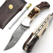 Lara Eagle Damascus Pocket Knife for Men - Multi Layer Solid Steel Handmade Folding Hunting Knives Turquoise & Camel Bone Handle with Sharpner and Leather Pouch