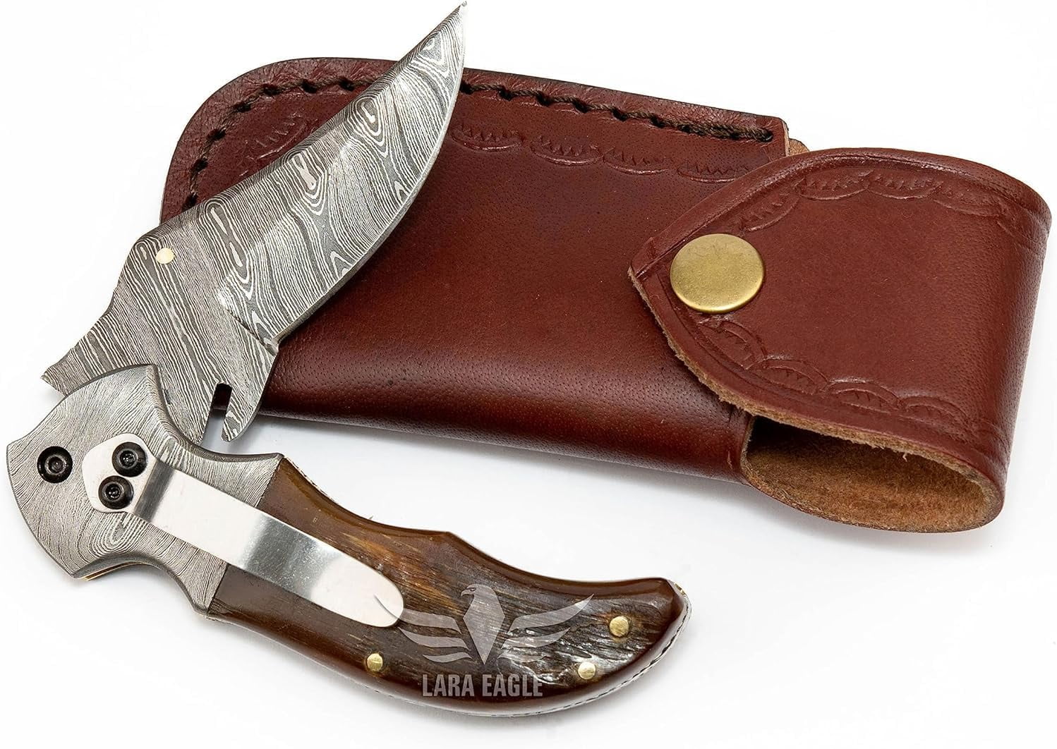 Lara Eagle Damascus Pocket Knife - Ram Horn and Leather Sheath – 7.5” Folding Knife for Outdoor, Hunting, Camping