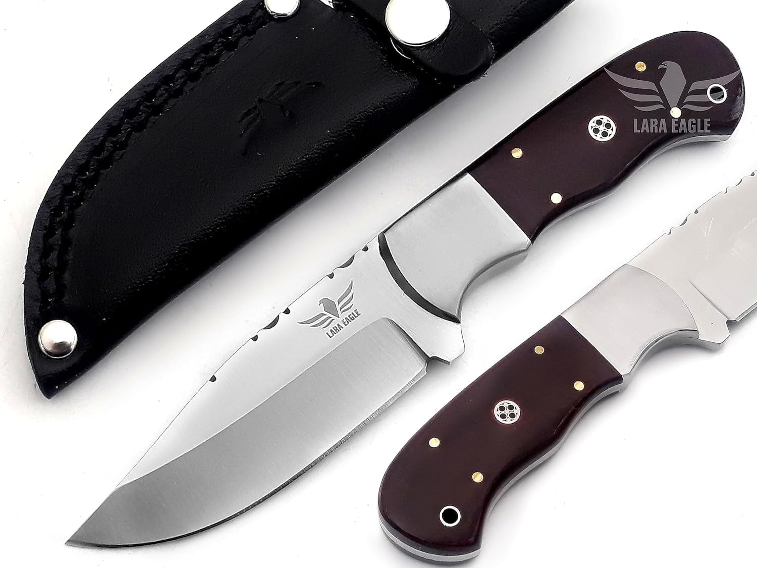 Lara Eagle Handmade Hunting Knife - 440C Stainless Steel Blade Skinner with Sheath - Fixed 7.5 inch Rust Free Survival Knife Great for Camping - Micarta Handle with mosaic pin