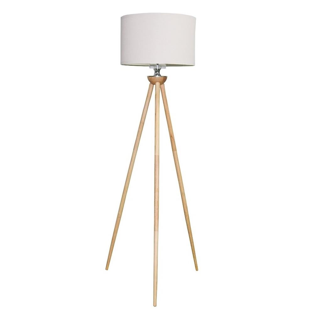 Lara Tripod Floor Lamp with Natural Wood Base and Beige Linen Shade