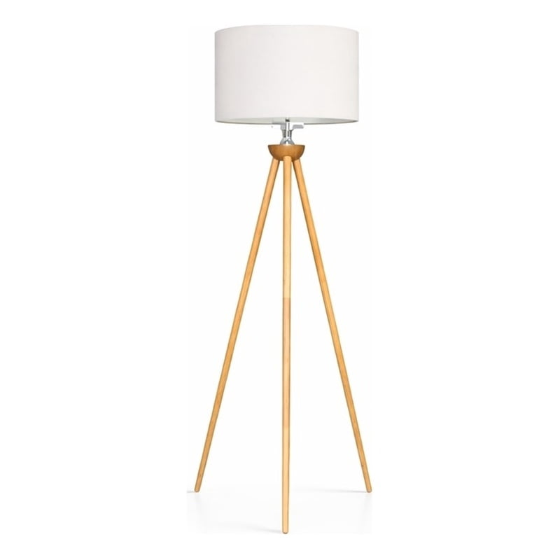 Lara Tripod Floor Lamp with Natural Wood Base and Beige Linen Shade