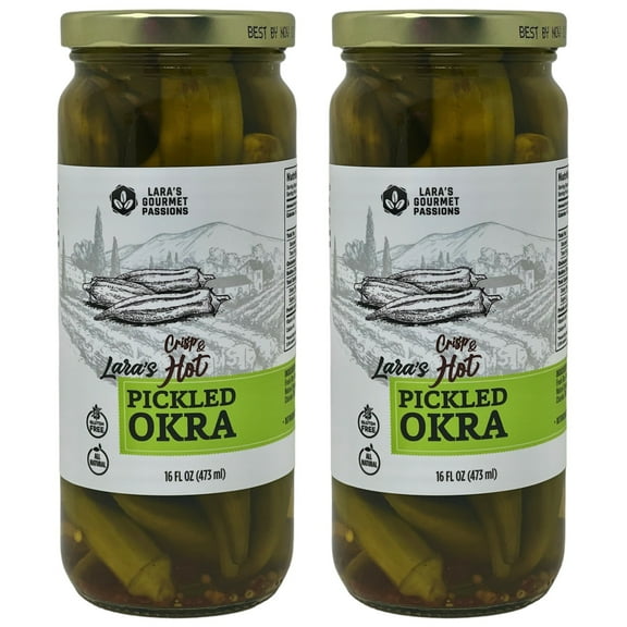Lara's Crisp and Hot Pickled Okra (Pack of 2, 16 fl oz each)