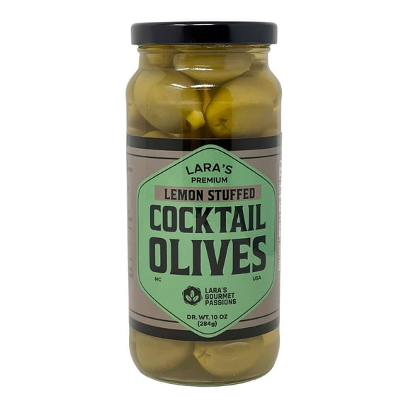 Lara's Lemon Stuffed Cocktail Olives, Sicilian-Style Queen Olives with Tangy Lemon Filling, 10 oz Jar