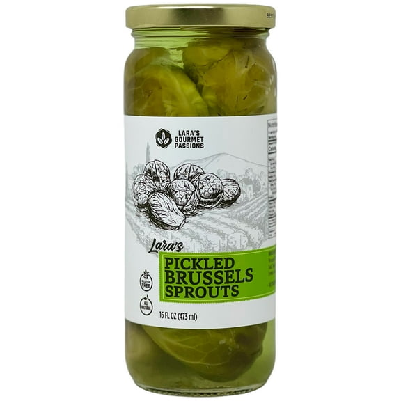 Laras Pickled Brussels Sprouts Classic Tangy Flavor in a 16oz Jar