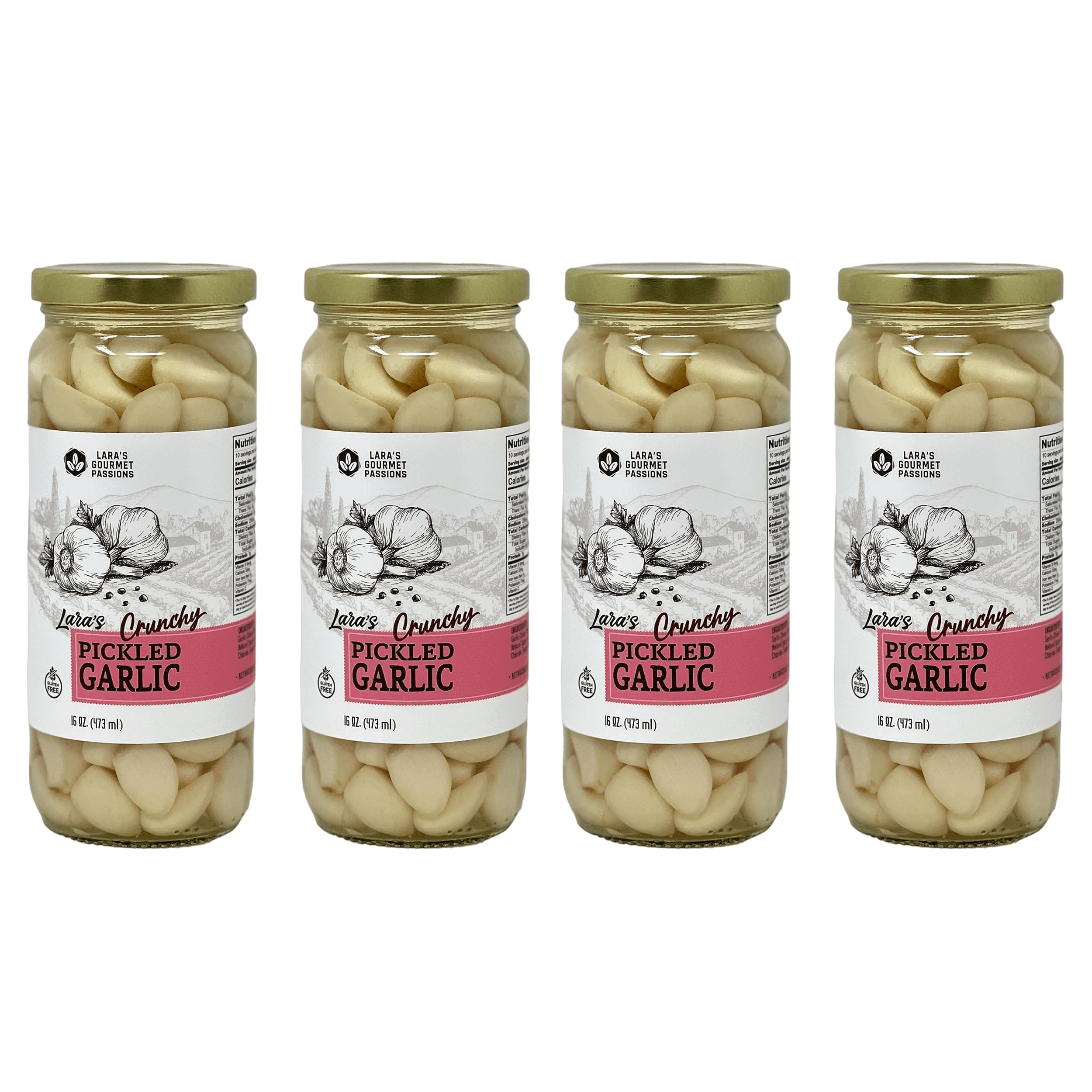 Lara’s Pickled Crunchy Garlic Cloves in Jar (4 Pack, 16 oz each)