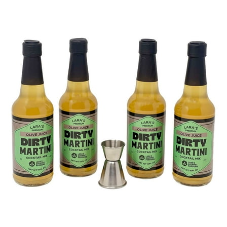 Lara's Gourmet Passions Dirty Martini Cocktail Mixer, Olive, 4-Pack, 10 Fl Oz. Each with a complimentary jigger.