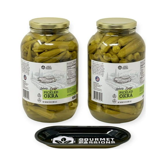 Lara's Twin-Pack Crisp Pickled Okra with Serving Tray - (2 Pack, 64oz each)