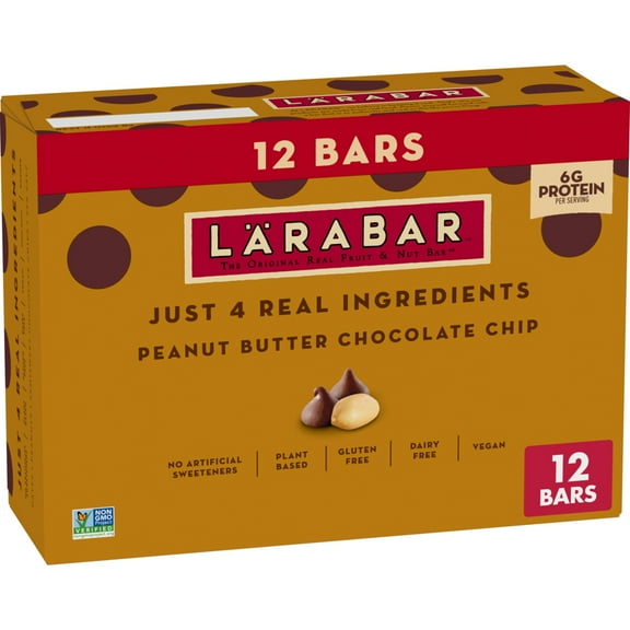 Larabar Peanut Butter Chocolate Chip Bars, Gluten Free and Vegan, 19.2 oz, 12 Count