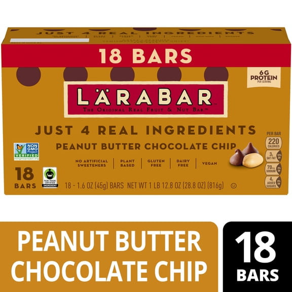 Larabar Peanut Butter Chocolate Chip Bars, Gluten Free and Vegan, 28.8 oz, 18 Count