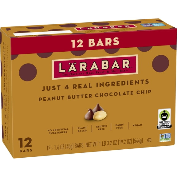 Larabar Peanut Butter Chocolate Chip, MDA05Fruit and Nut Bars, Gluten Free and Vegan, 19.2 oz, 12 Ct
