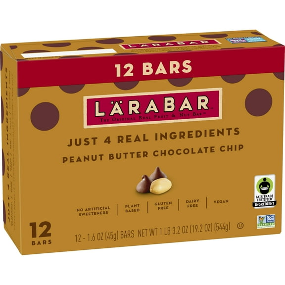 Larabar Peanut Butter Chocolate Chip, MDA05Fruit and Nut Bars, Gluten Free and Vegan, 19.2 oz, 12 Ct