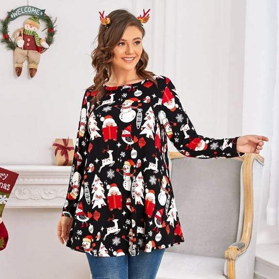 Larace Women's Casual Round Neck Long Sleeve Loose Tunic T-Shirt Blouse Tops(1X,Flower47_Christmas)