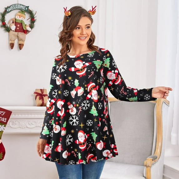 Larace Womens Plus Size T-Shirt Christmas Print Top Long Sleeve Tunic Tops(2X,Flower40_Christmas)