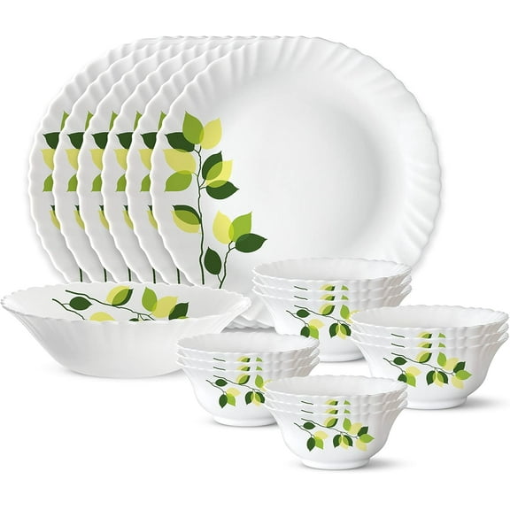 Larah by Borosil Green Leaves Silk Series Opalware Dinner Set | 19 Pieces for Family of 6 | Microwave & Dishwasher Safe | Bone-Ash Free | Crockery Set for Dining & Gifting | Plates & Bowls |