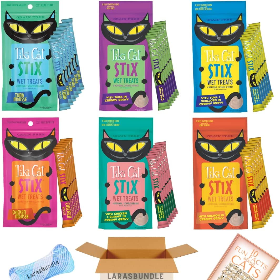 LarasBundle Tiki Cat Stix Wet Mousse Single Serve Lickable Treats | All 6 Flavors | 36 Stix in Total | Plus Spring Toy and Fun Facts Booklet