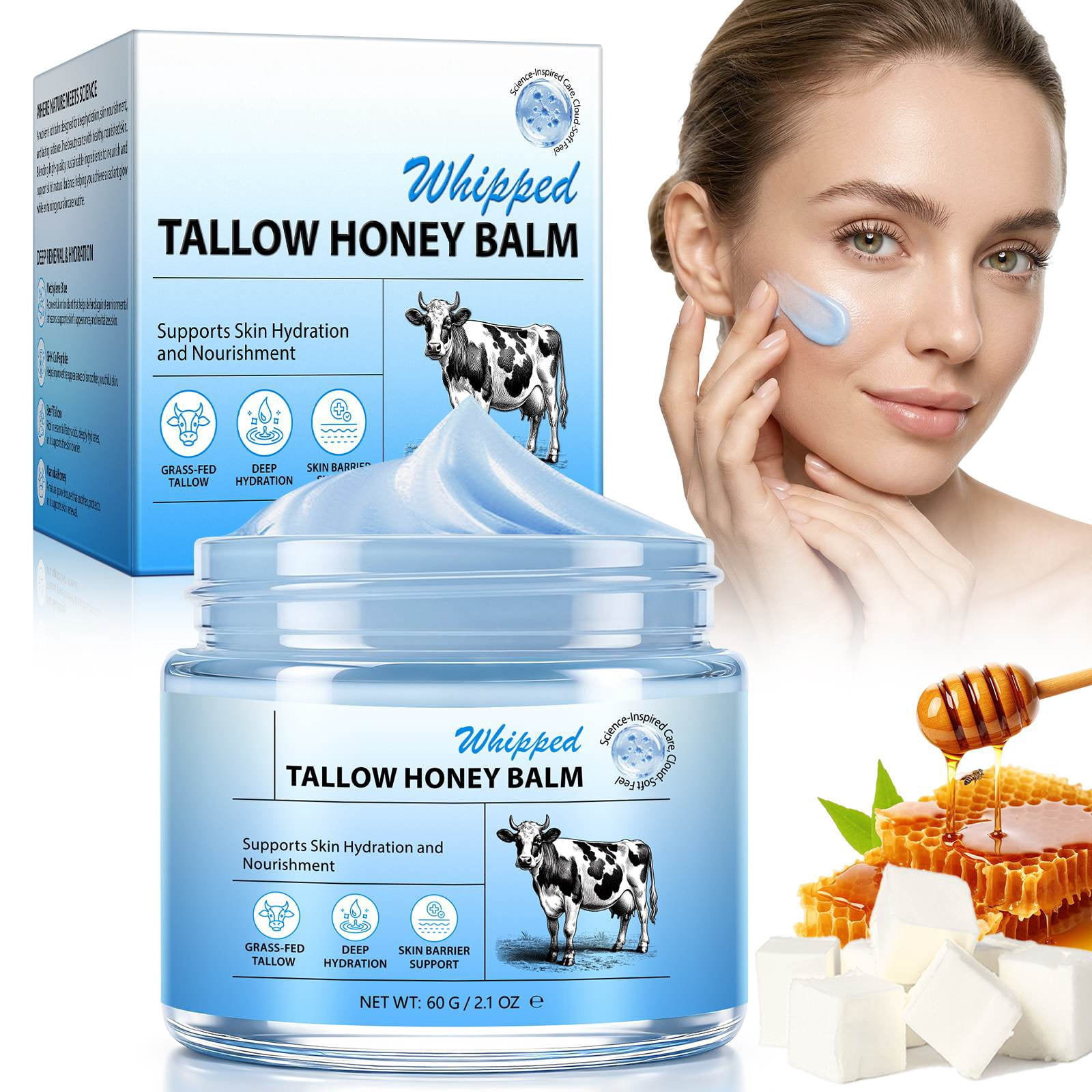 Laraspi GHK-Cu Whipped Tallow Honey Balm with Methylene Blue, Hydrating Face & Body Balm, Skin Barrier Support, 60g