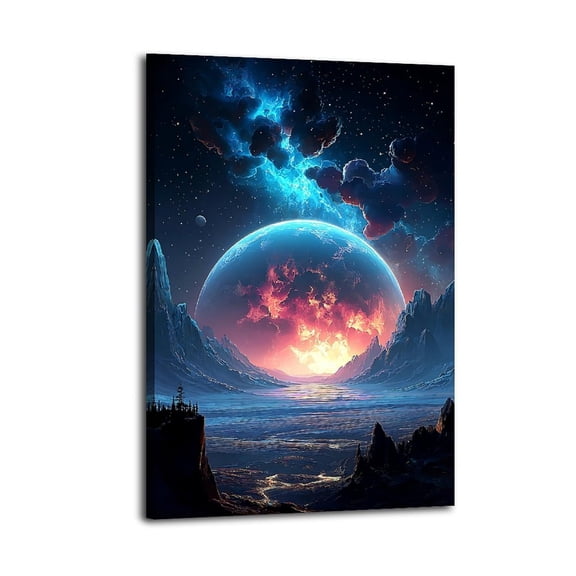 Larbulse  Alien Planet Huge Icy Moon Sky Landscape Canvas Wall Art Home Decor Poster Vintage Funny Print Picture Abstract Bedroom Living Room Kitchen Posters Decor