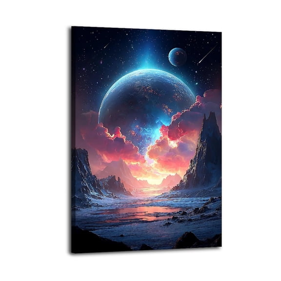 Larbulse Alien Planet Landscape Huge Icy Moon Cloud Sky Canvas Wall Art Home Decor Poster Vintage Funny Print Picture Abstract Bedroom Living Room Kitchen Posters Decor