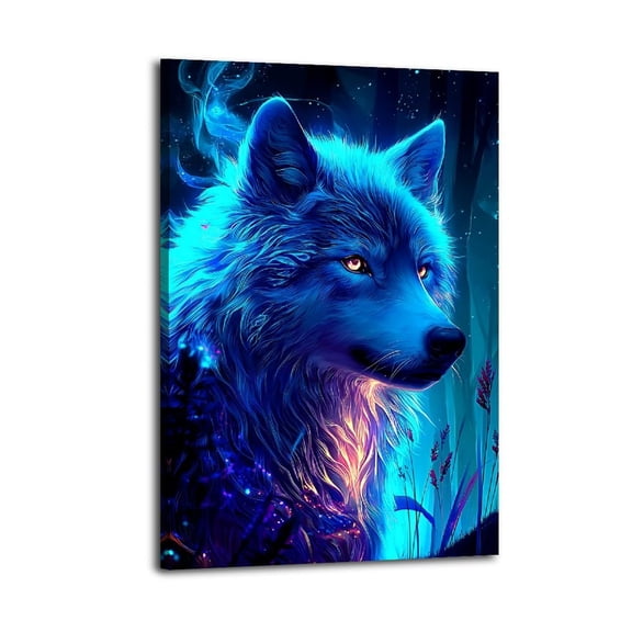 Larbulse Beautifully Rendered Fantasy Wolf Glowing Blue Neon Lights Canvas Wall Art Home Decor Poster Vintage Funny Print Picture Abstract Bedroom Living Room Kitchen Posters Decor