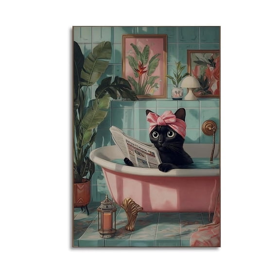 Larbulse Black Cat Read Newspaper Wear Pink Headband in Bathtub Canvas Wall Art Home Decor Poster Vintage Funny Print Picture Abstract Bedroom Living Room Kitchen Posters Decor