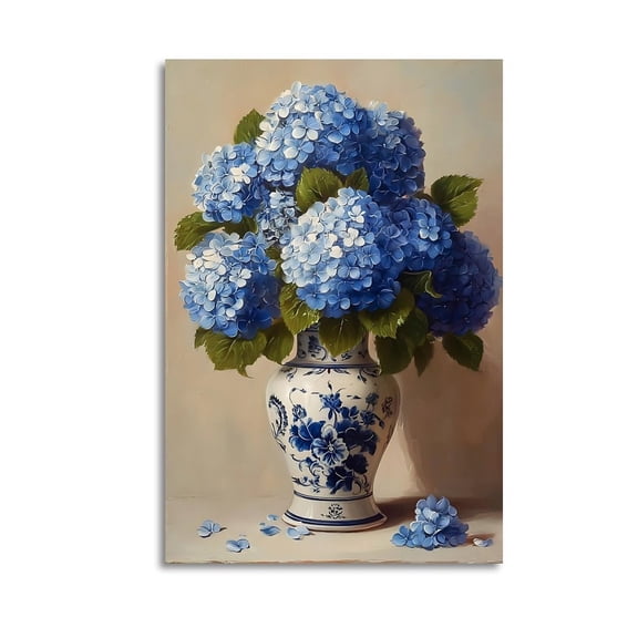 Larbulse Blue Hydrangeas in Elegant Vase Canvas Wall Art Home Decor Poster Vintage Funny Print Picture Abstract Bedroom Living Room Kitchen Posters Decor