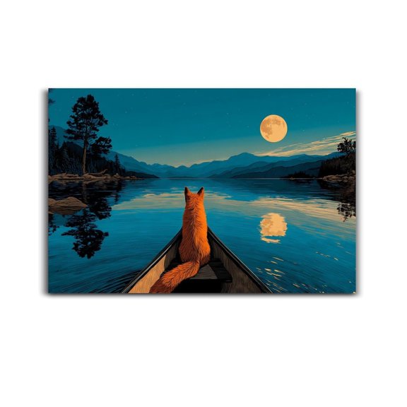 Larbulse Bright Fox Sit Canoe Lake Night Canvas Wall Art Home Decor Poster Vintage Funny Print Picture Abstract Bedroom Living Room Kitchen Posters Decor