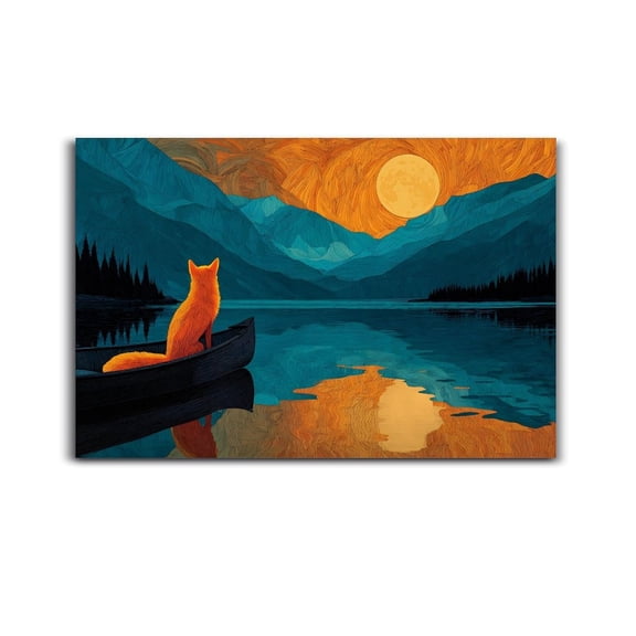 Larbulse Bright Moon Fox Sit Canoe Lake Night Mountain Canvas Wall Art Home Decor Poster Vintage Funny Print Picture Abstract Bedroom Living Room Kitchen Posters Decor