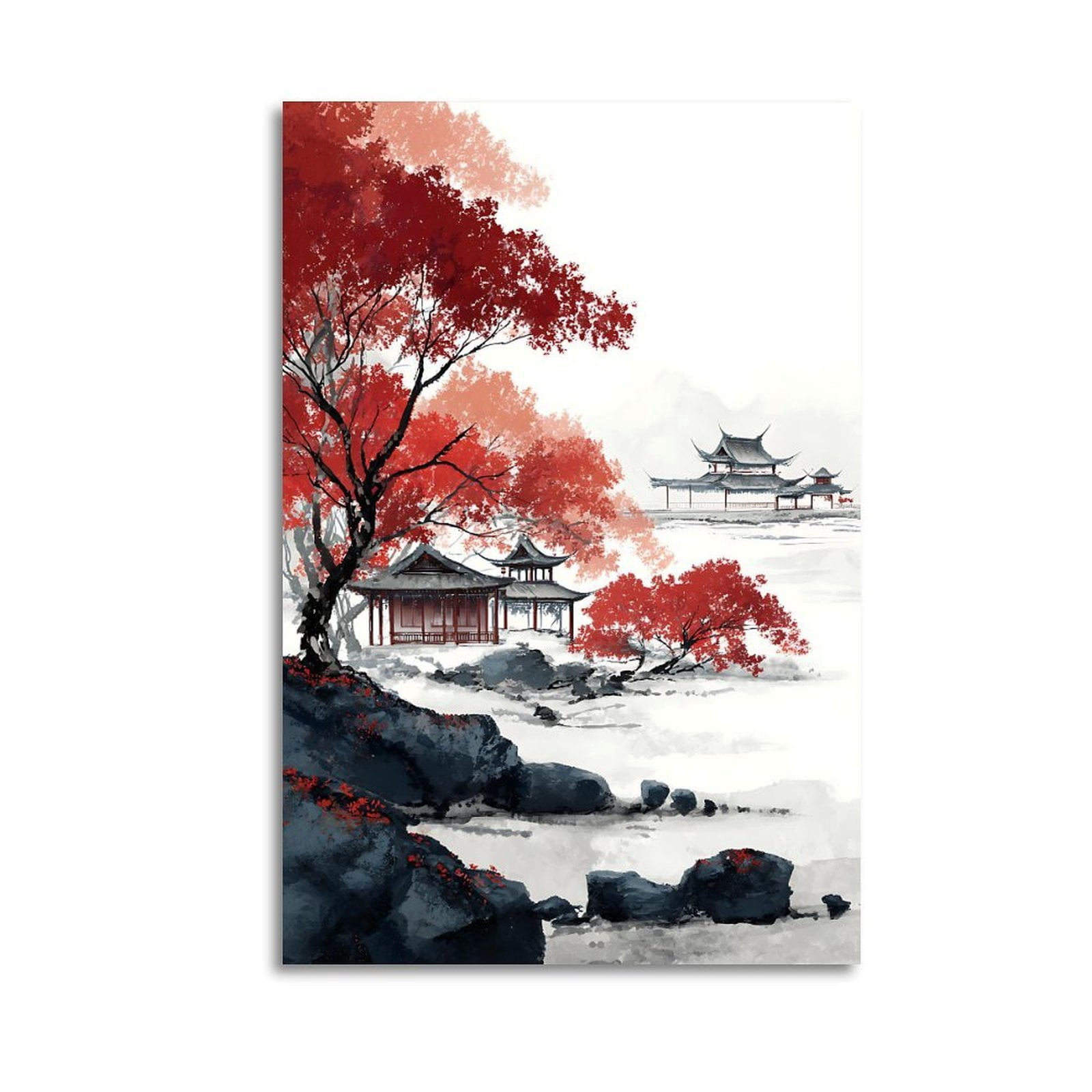 Larbulse  Chinese Landscape Black Pavilions Rock Red Trees Ink Painting Canvas Wall Art Home Decor Poster Vintage Funny Print Picture Abstract Bedroom Living Room Kitchen Posters Decor
