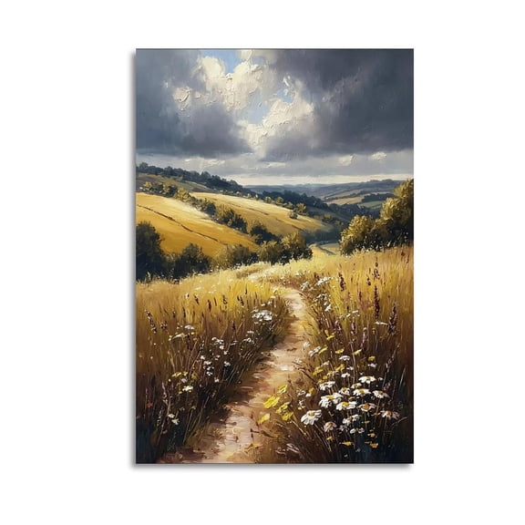 Larbulse Countryside Grass Wildflower Hill Oil Canvas Wall Art Home Decor Poster Vintage Funny Print Picture Abstract Bedroom Living Room Kitchen Posters Decor