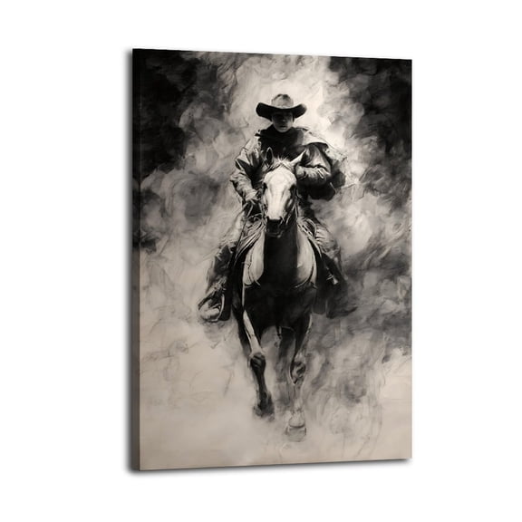 Larbulse  Cowboy Ride on Horseback Black White Drawing Canvas Wall Art Home Decor Poster Vintage Funny Print Picture Abstract Bedroom Living Room Kitchen Posters Decor