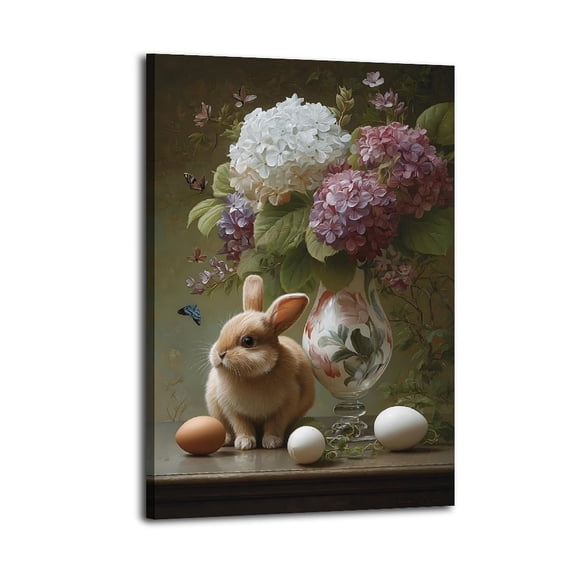 Larbulse Cute Easter Bunny Egg Hydrangea Canvas Wall Art Home Decor Poster Vintage Funny Print Picture Abstract Bedroom Living Room Kitchen Posters Decor