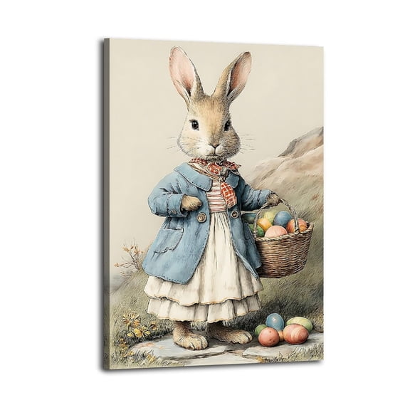 Larbulse Easter Bunny Blue Jacket Basket Egg Canvas Wall Art Home Decor Poster Vintage Funny Print Picture Abstract Bedroom Living Room Kitchen Posters Decor,