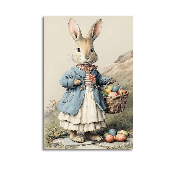 Larbulse  Easter Bunny Blue Jacket Basket Egg Canvas Wall Art Home Decor Poster Vintage Funny Print Picture Abstract Bedroom Living Room Kitchen Posters Decor,
