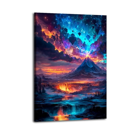 Larbulse  Fantasy Landscape Erupt Volcano Waterfalls Vibrant Colors Blue Sky Canvas Wall Art Home Decor Poster Vintage Funny Print Picture Abstract Bedroom Living Room Kitchen Posters Decor
