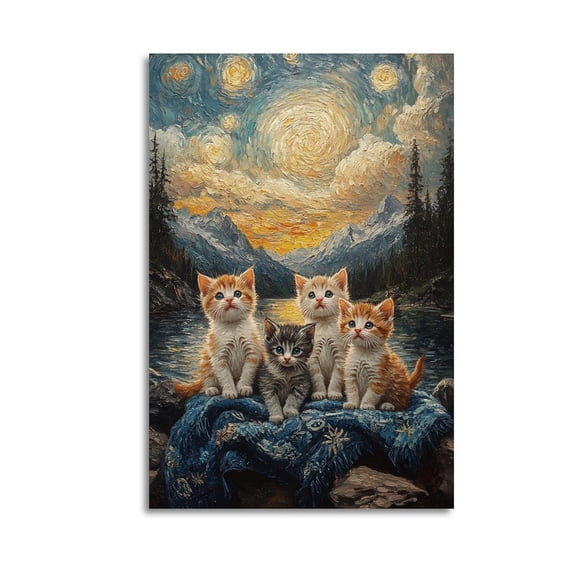 Larbulse  Four Cats Starry Night Canvas Wall Art Home Decor Poster Vintage Funny Print Picture Abstract Bedroom Living Room Kitchen Posters Decor