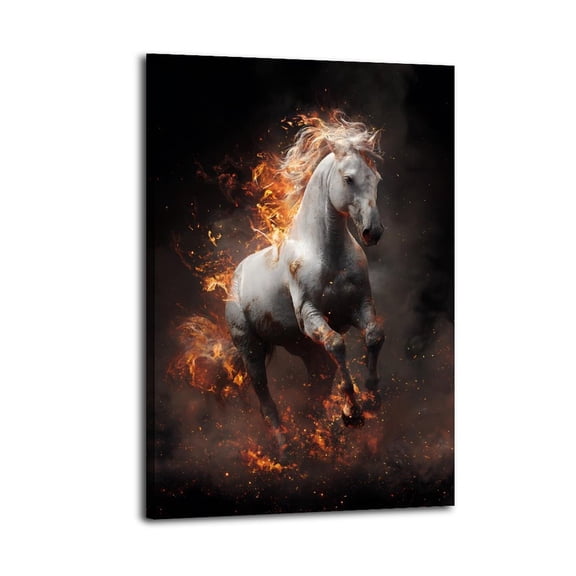 Larbulse  Gallop Fire White Horse Canvas Wall Art Home Decor Poster Vintage Funny Print Picture Abstract Bedroom Living Room Kitchen Posters Decor,